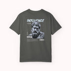Gray t-shirt with text on the back on a white background