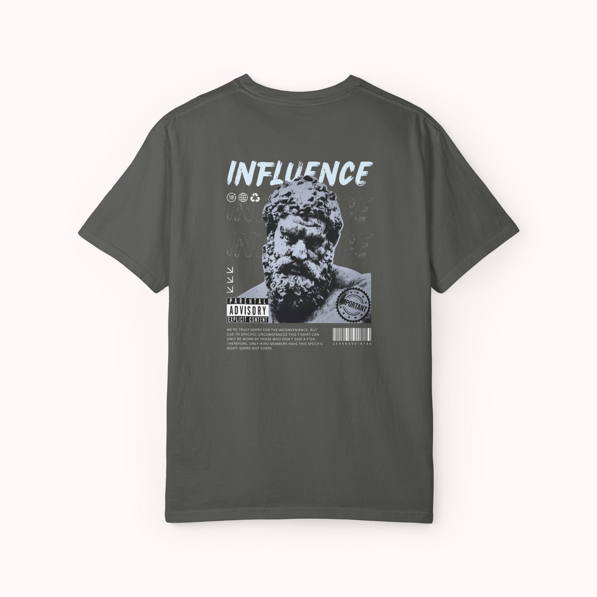 Gray t-shirt with text on the back on a white background