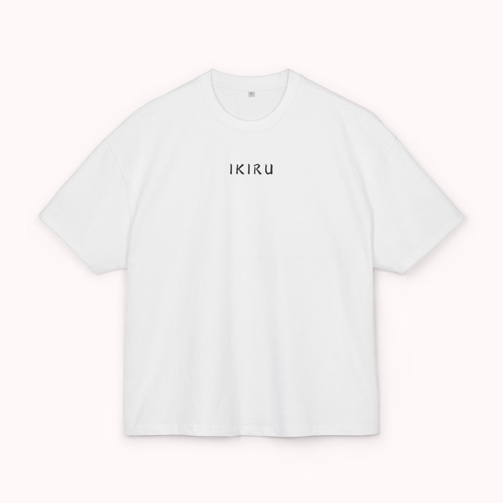 White t-shirt with 'IKIRU' logo on a white background