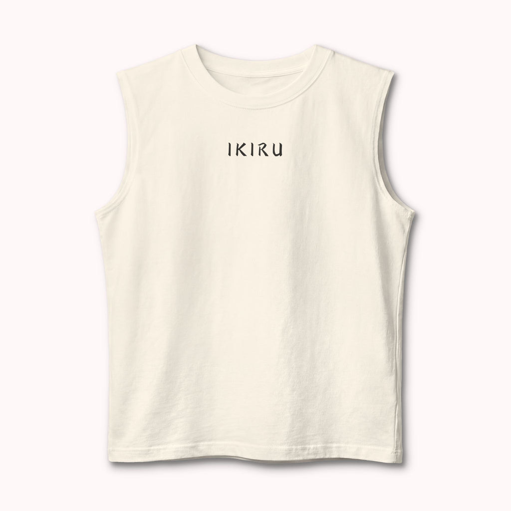 Beige sleeveless shirt with 'IKIRU' branding on a white background