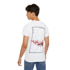 Person wearing a white shirt with a cherry blossom design and IKIRU text on a white background