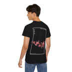 Person wearing a black t-shirt with cherry blossom design and 'IKIRU CLOTHING' branding on a white background