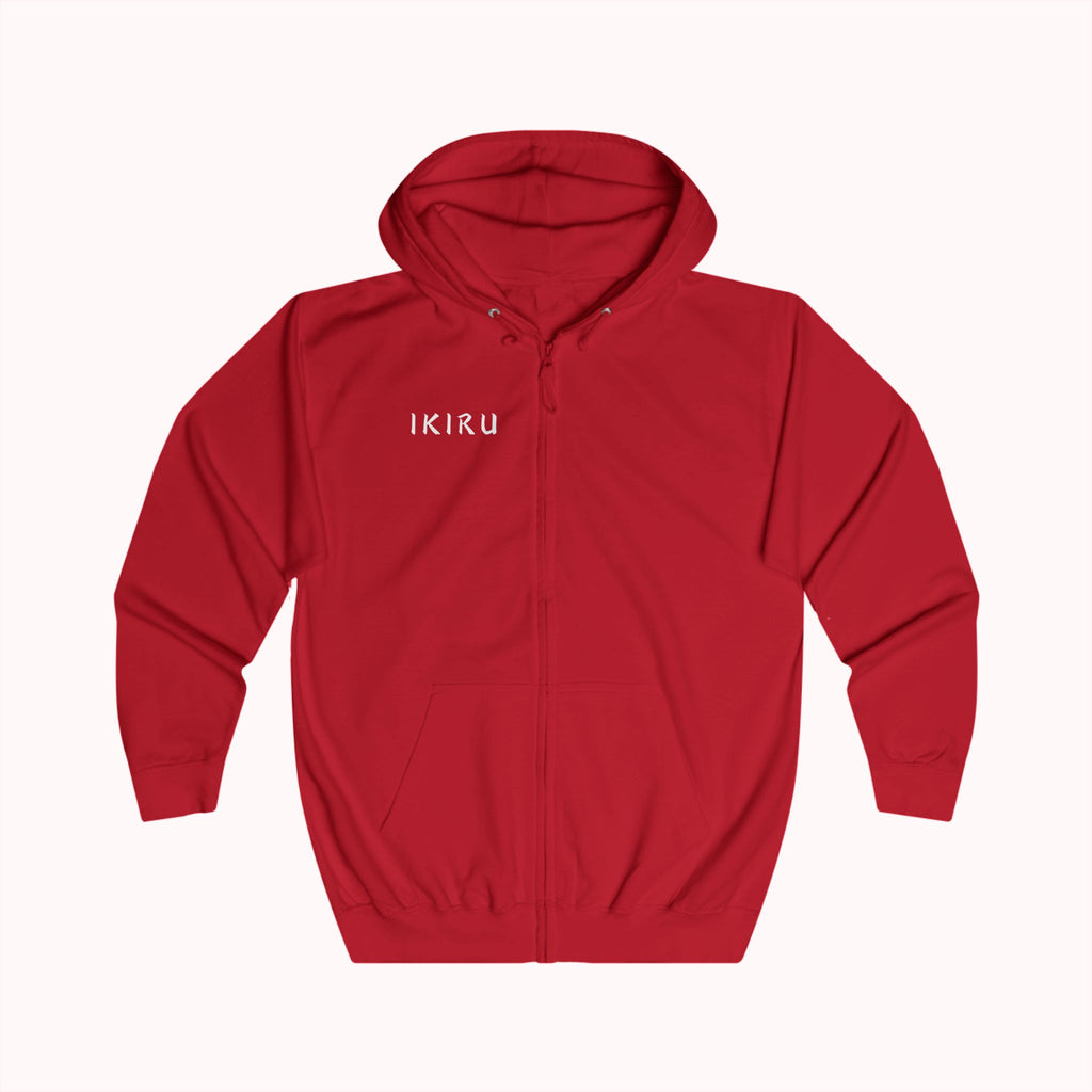 Red hoodie with 'IKIRU' branding on a white background
