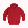 Red hoodie with 'IKIRU' branding on a white background