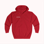 Red hoodie with 'IKIRU' branding on a white background
