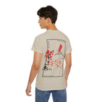 Person wearing a beige t-shirt with a Japanese bridge and blossom graphic art from 'IKIRU CLOTHING' on a white background