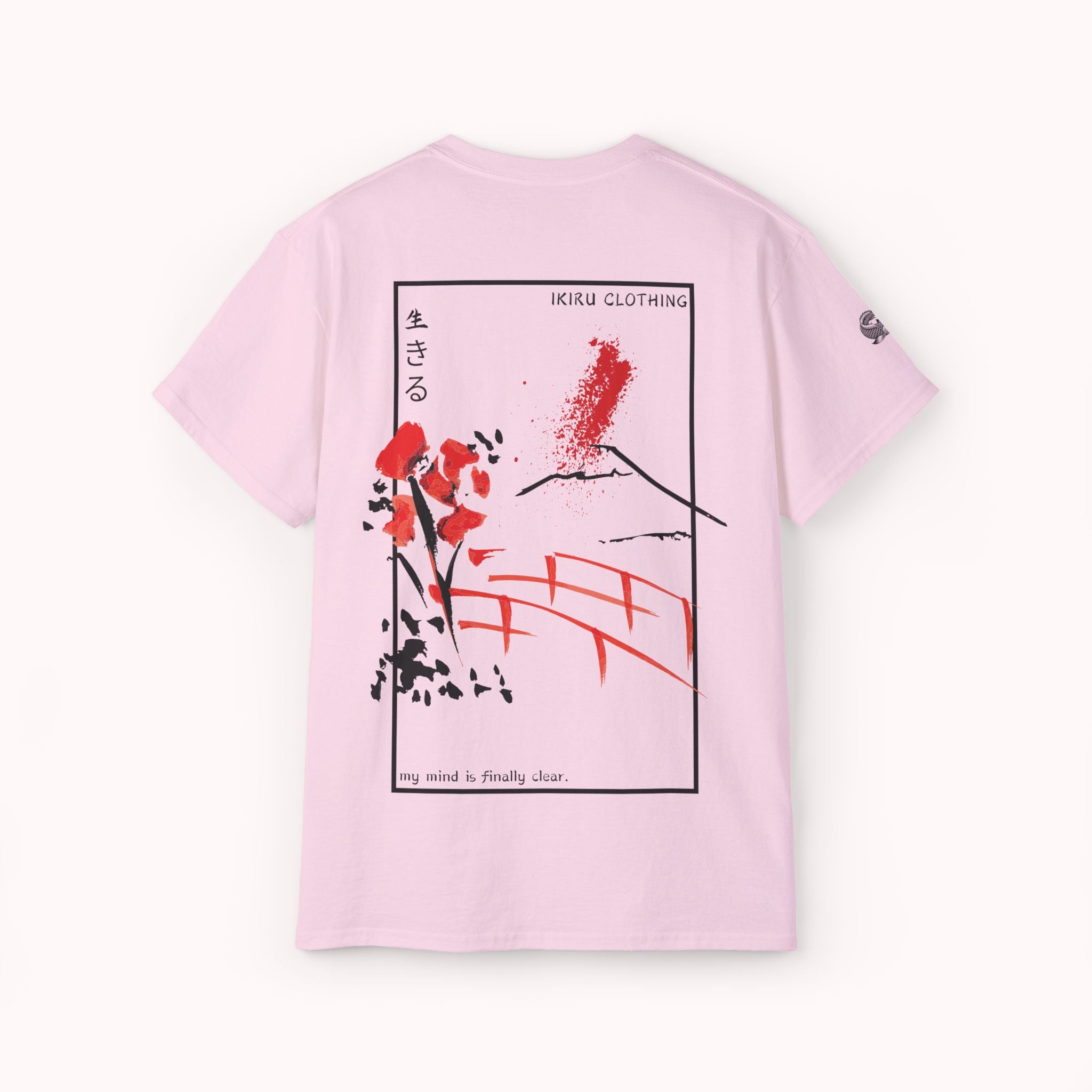 Pink t-shirt with a Japanese bridge and blossom graphic art from 'IKIRU CLOTHING' on a white background