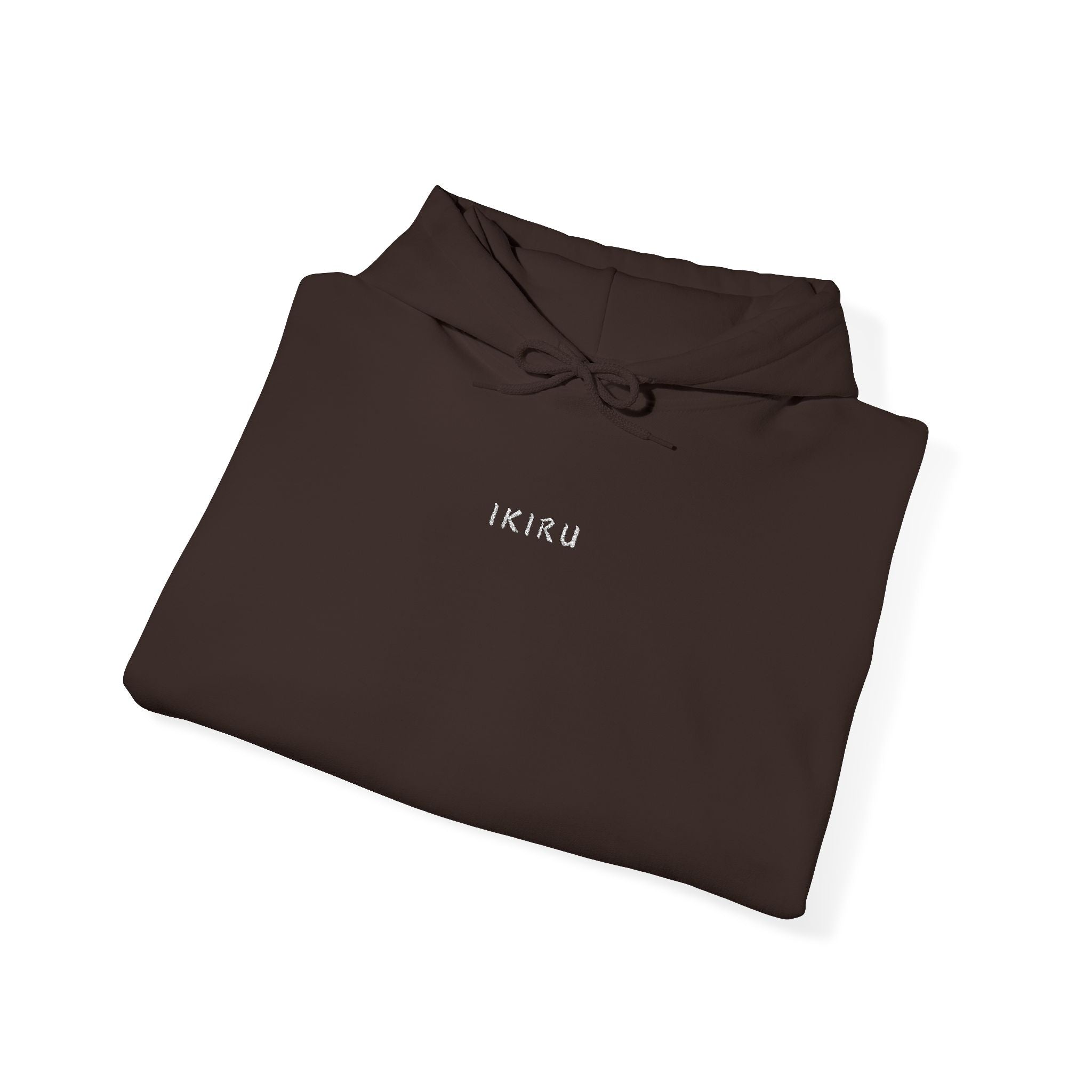 Folded Brown hoodie with 'IKIRU' text on a white background
