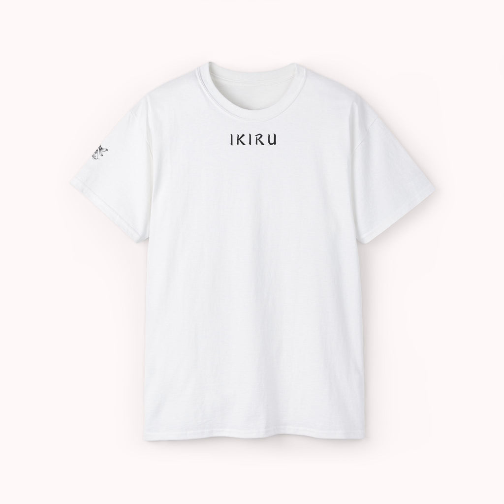 White t-shirt with 'IKIRU' branding on a white background