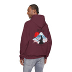 Maroon red hoodie with 'IKIRU' and mountain, samurai, and blossom tree design on the back saying 'un-influenceable' against a white background