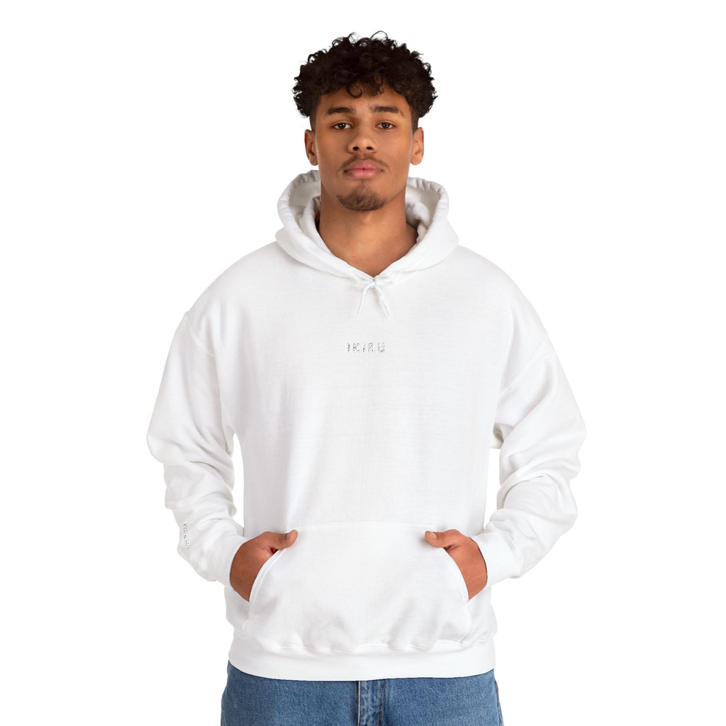 Person wearing a white hoodie with IKIRU logo on a white background