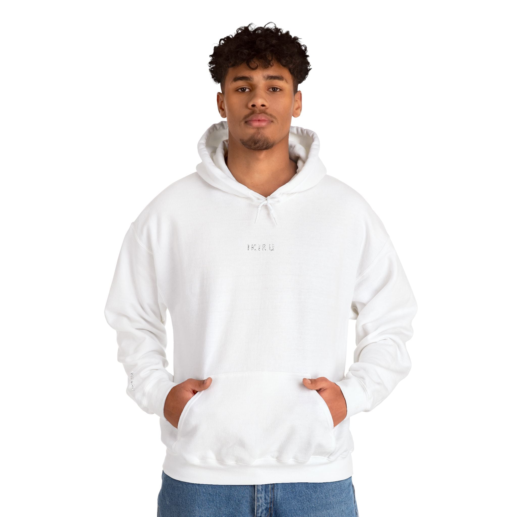 Person wearing a white hoodie with IKIRU logo on a white background