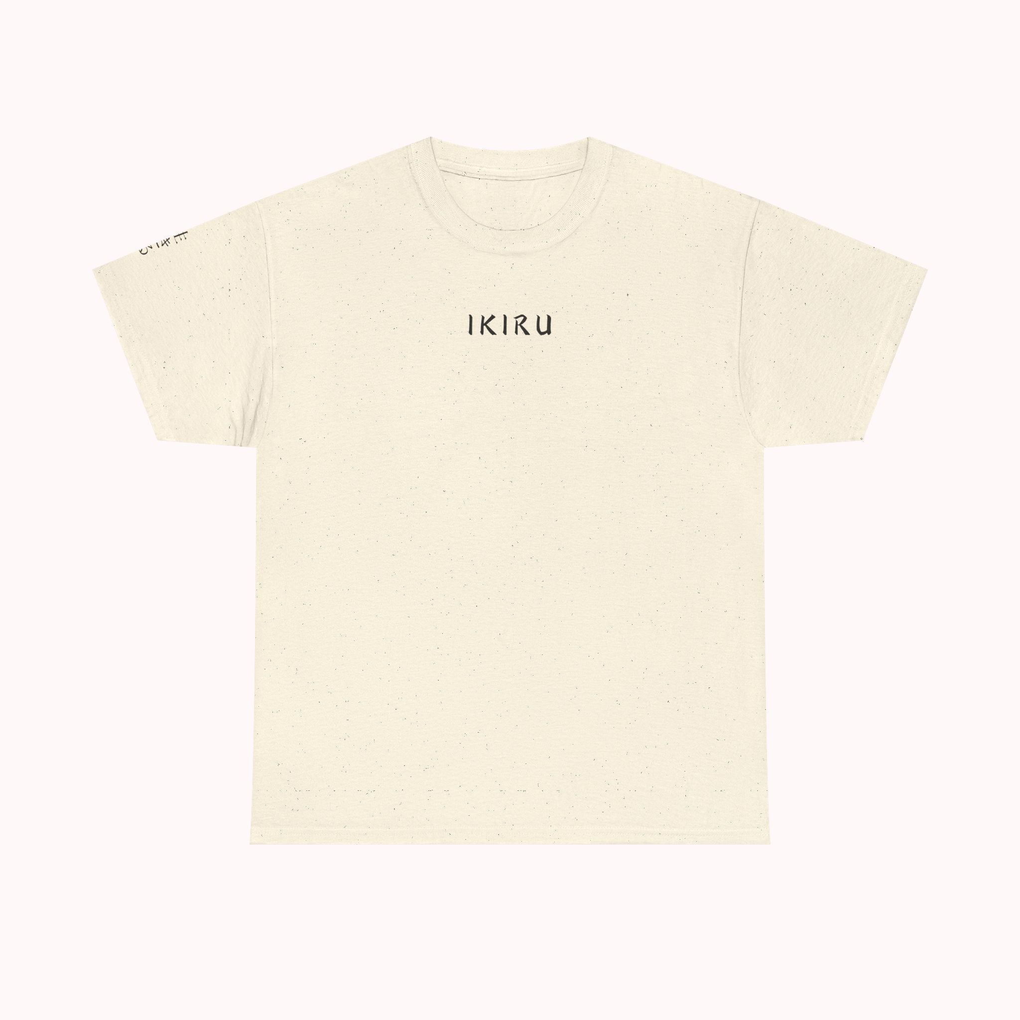 Beige t-shirt with 'IKIRU' text on a white background