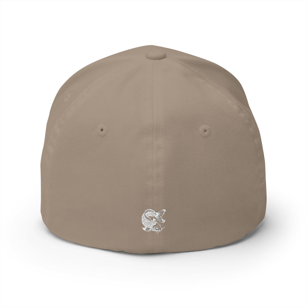 Beige closed cap with a logo on a white background