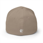 Beige closed cap with a logo on a white background