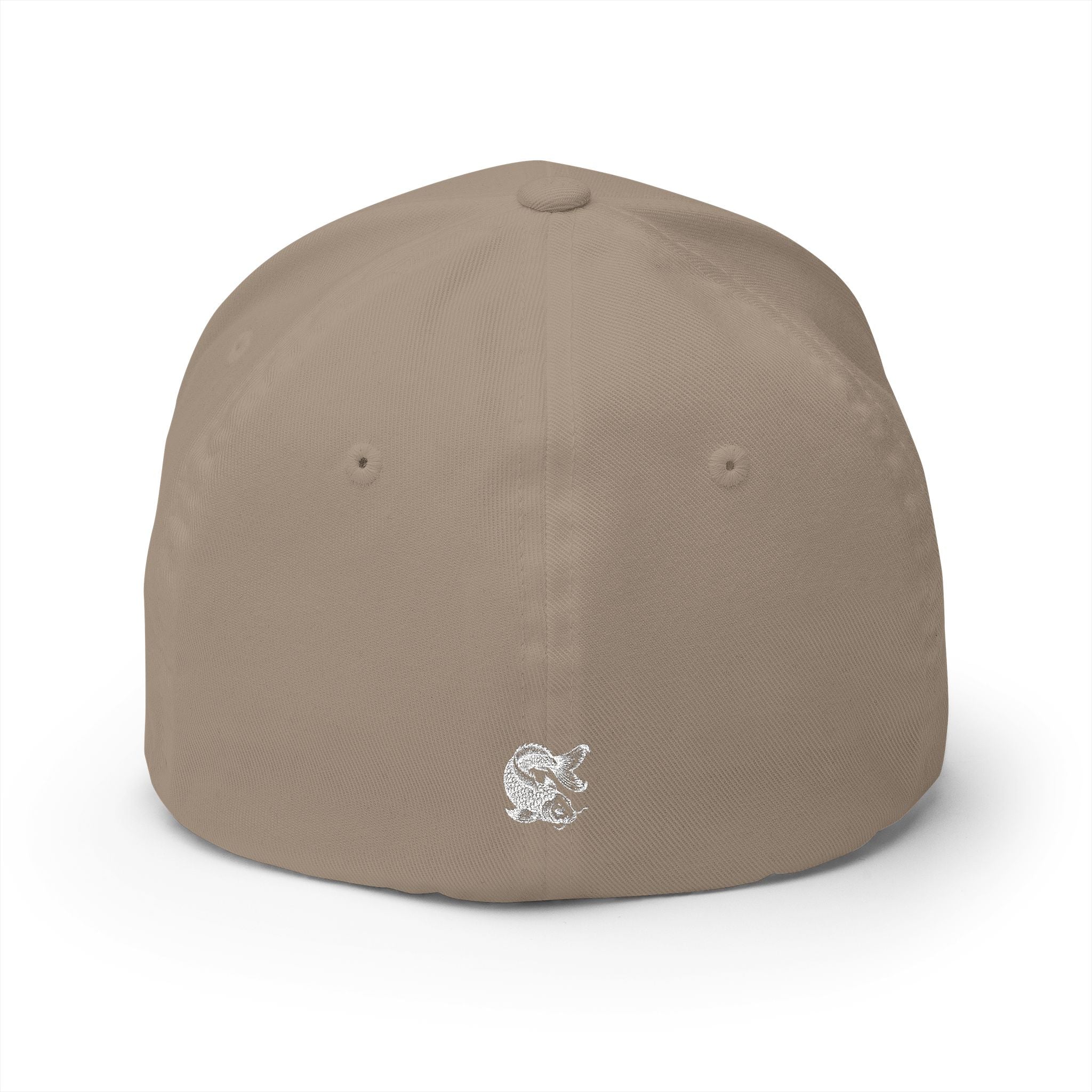 Beige closed cap with a logo on a white background