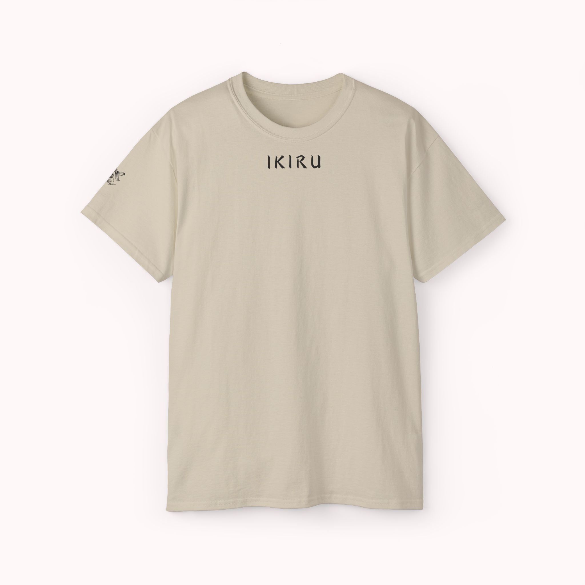 Beige shirt with IKIRU logo on a white background