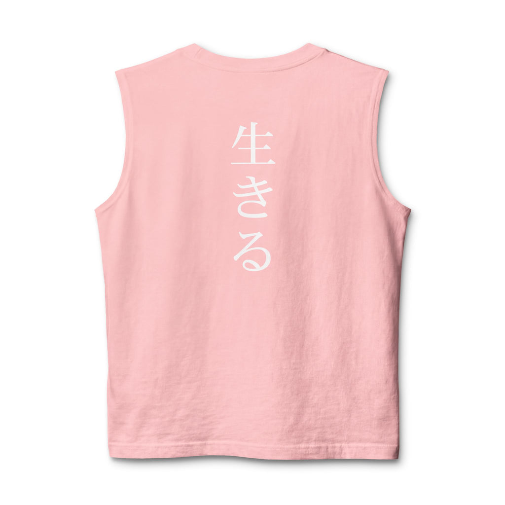 Pink sleeveless shirt with a white logo on the back against a white background