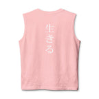 Pink sleeveless shirt with a white logo on the back against a white background