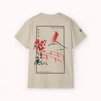  Beige t-shirt with a Japanese bridge and blossom graphic art from 'IKIRU CLOTHING' on a white background