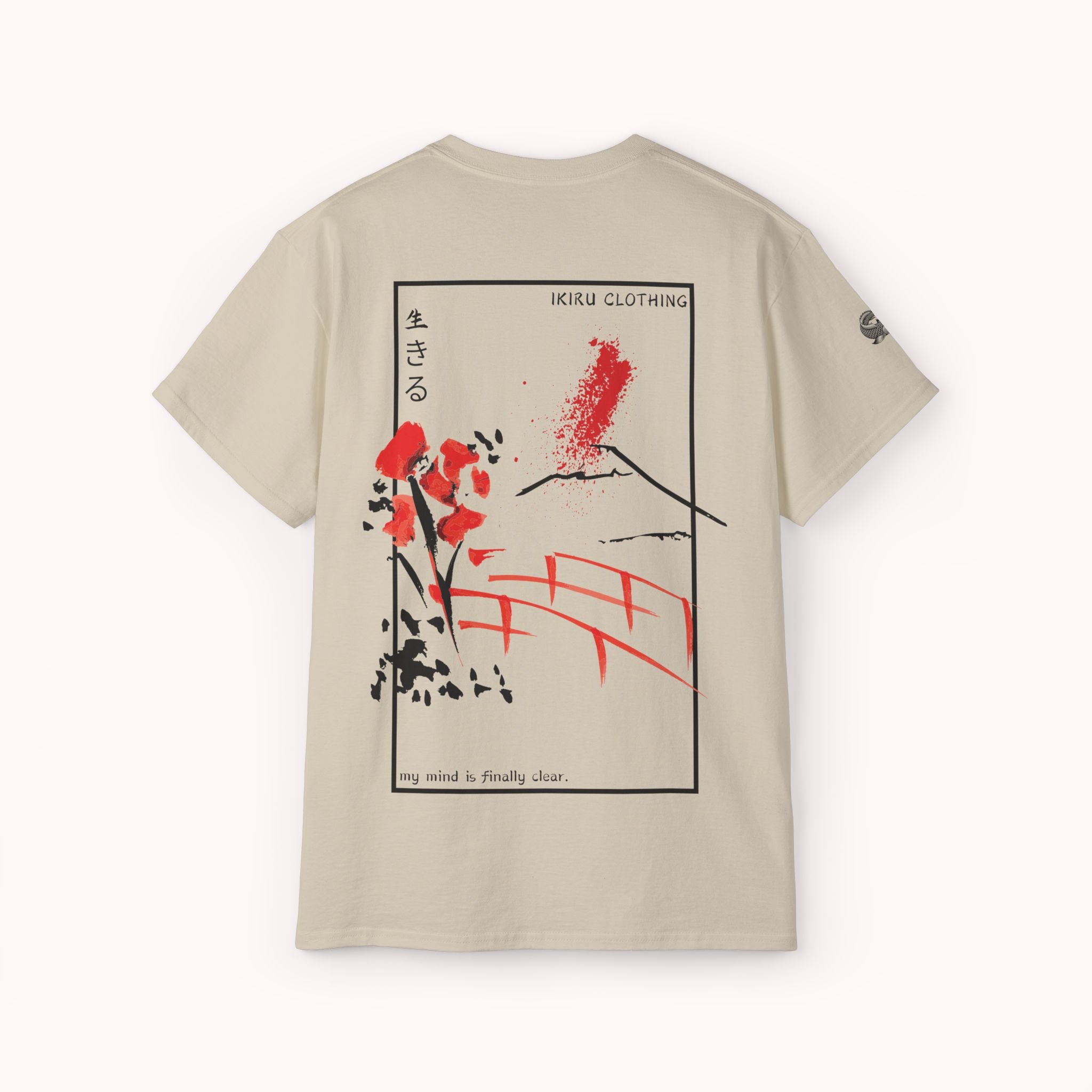  Beige t-shirt with a Japanese bridge and blossom graphic art from 'IKIRU CLOTHING' on a white background
