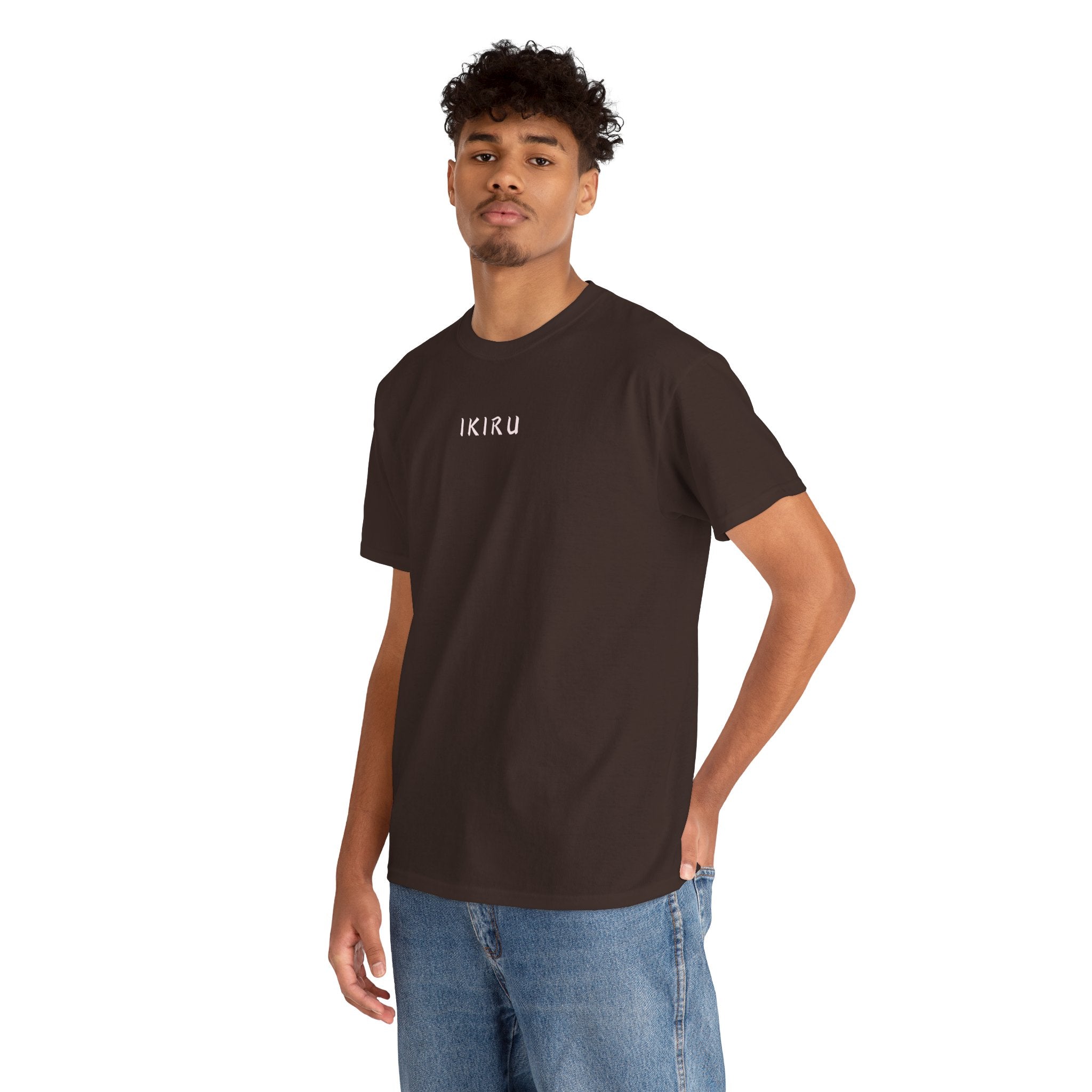 Man wearing a brown t-shirt with IKIRU logo on a white background