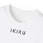 White t-shirt with IKIRU branding close-up on a white background