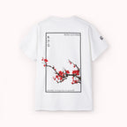 White t-shirt with Japanese cherry blossom design from 'IKIRU CLOTHING' on a white background