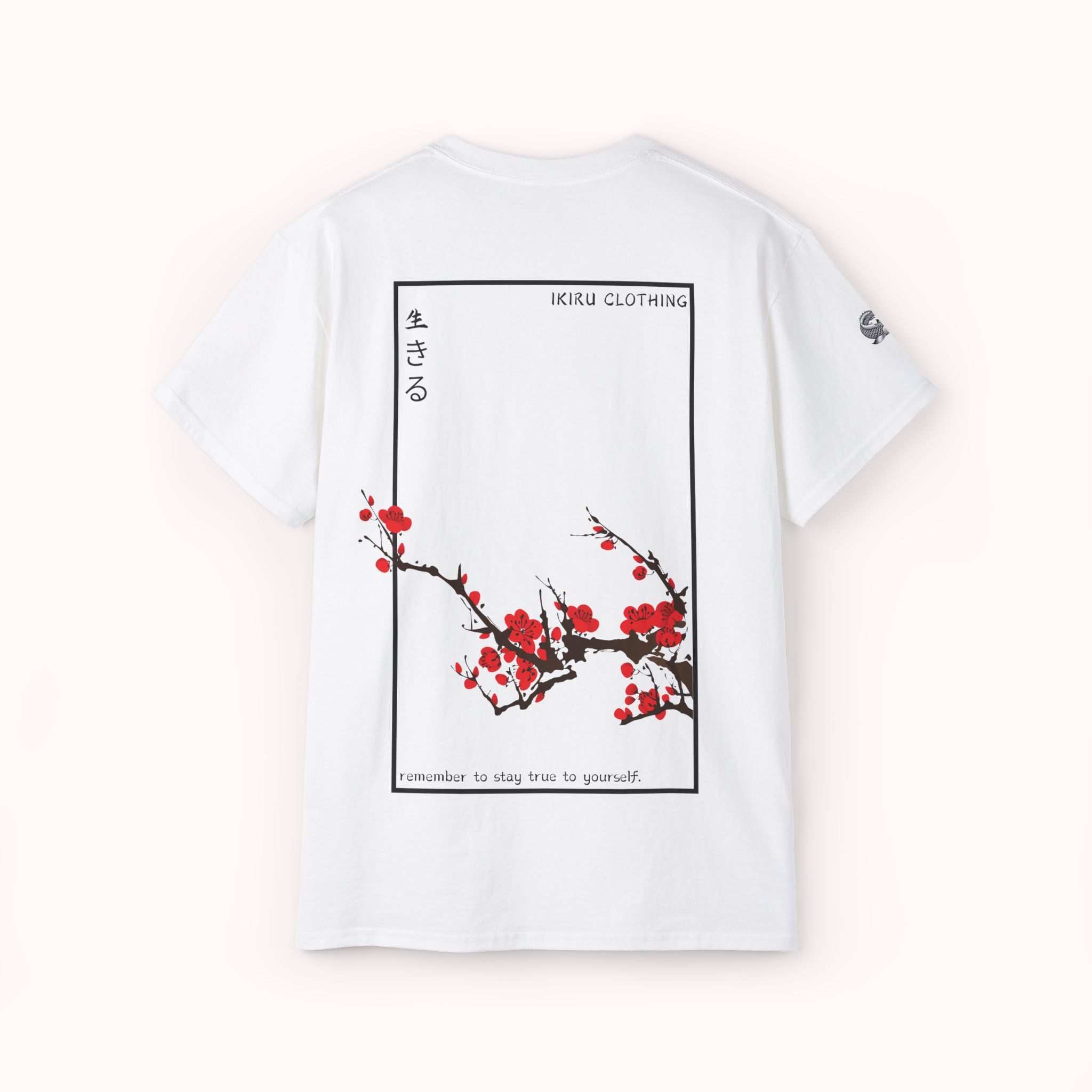 White t-shirt with Japanese cherry blossom design from 'IKIRU CLOTHING' on a white background