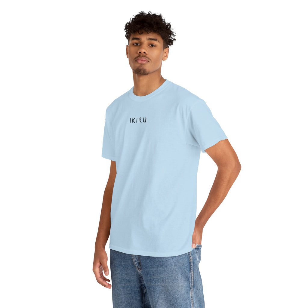 Man wearing a light blue t-shirt with IKIRU logo on a white background