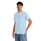 Man wearing a light blue t-shirt with IKIRU logo on a white background