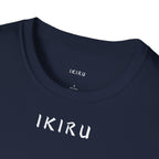 Navy blue t-shirt with 'IKIRU' branding on a white background