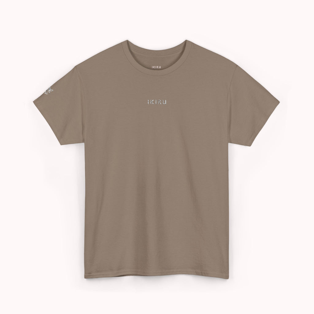 Brown t-shirt with an IKIRU logo on a white background