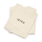 Beige t-shirt with 'IKIRU' text on a white background