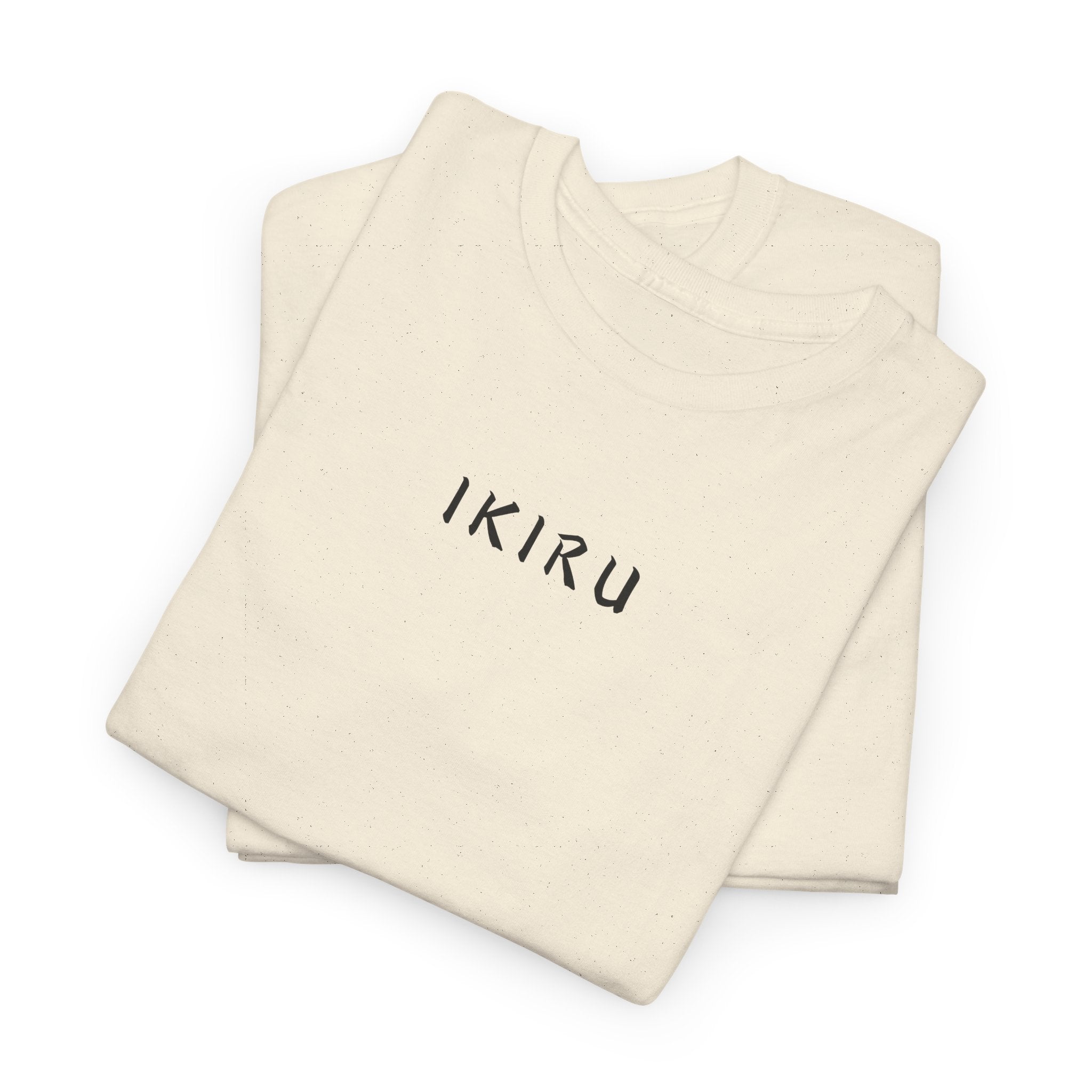 Beige t-shirt with 'IKIRU' text on a white background