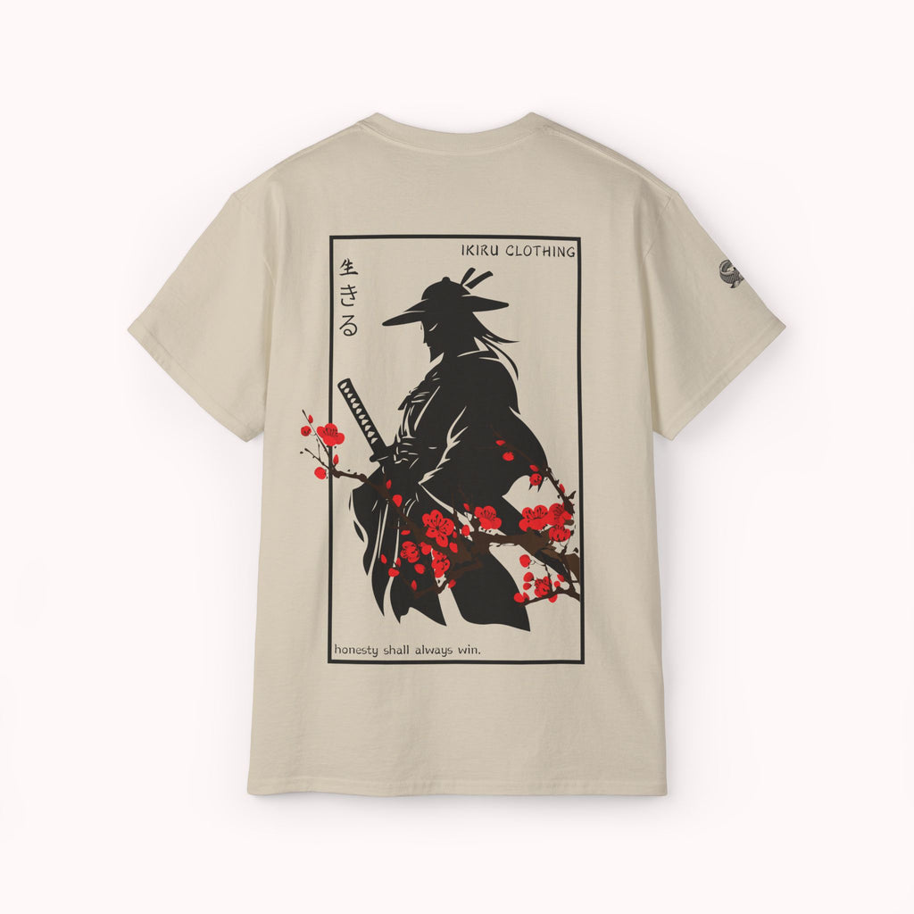 Beige t-shirt with a japanese samurai and blossom graphic design from 'IKIRU CLOTHING' on a white background