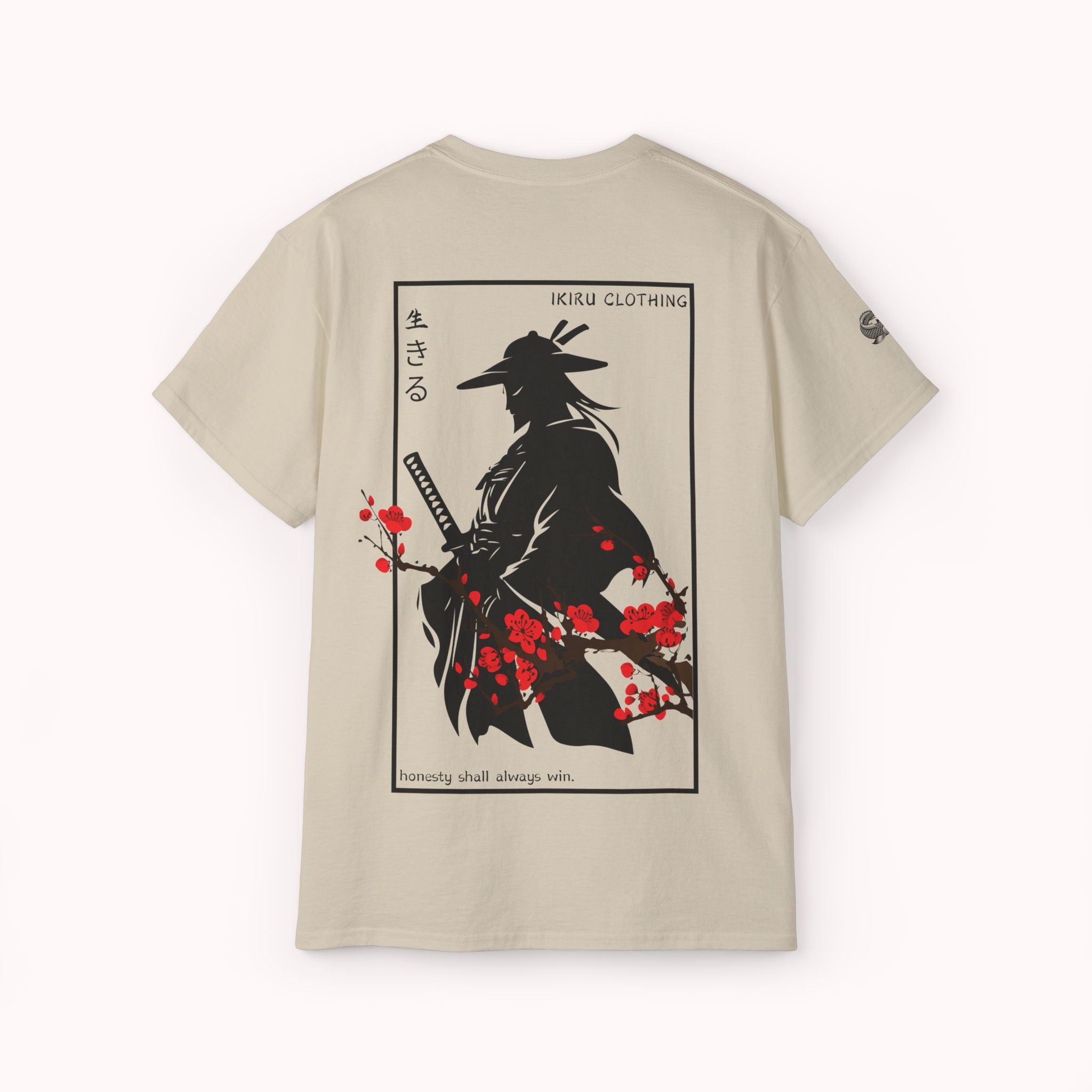 Beige t-shirt with a japanese samurai and blossom graphic design from 'IKIRU CLOTHING' on a white background