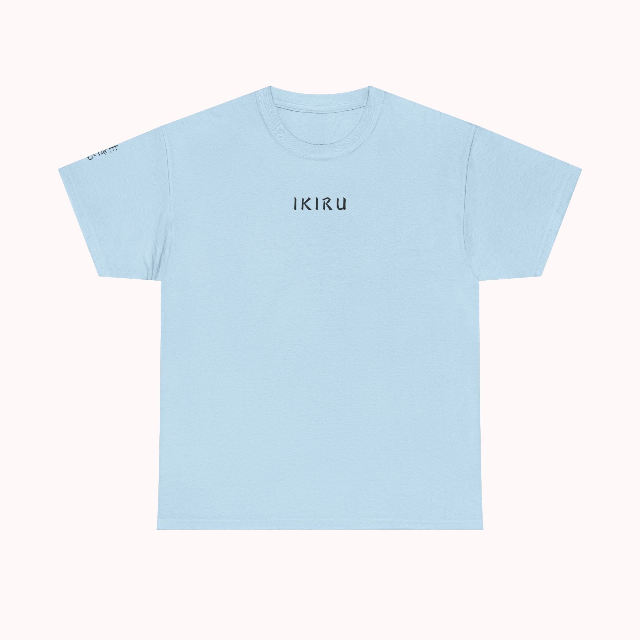 Light blue t-shirt with 'IKIRU' text on a white background