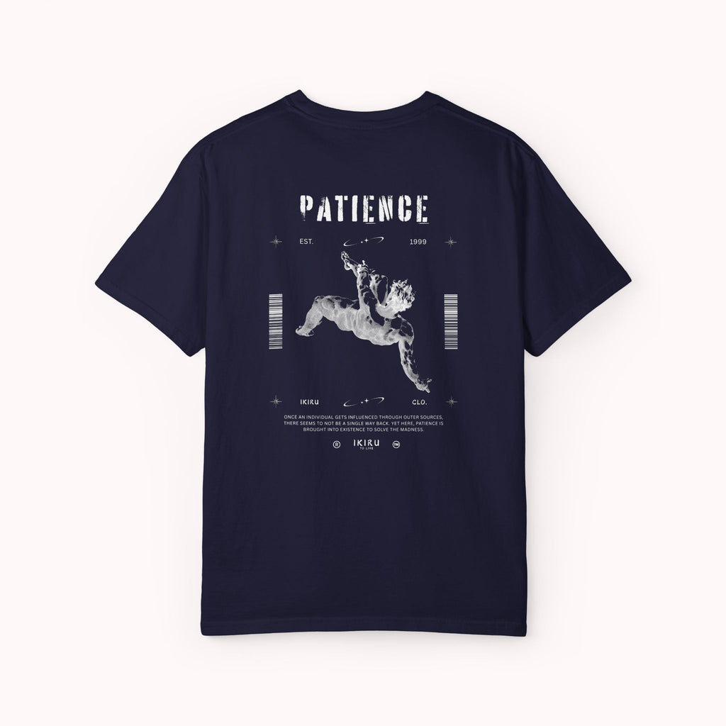 Navy blue t-shirt with white graphic design on a white background