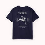 Navy blue t-shirt with white graphic design on a white background