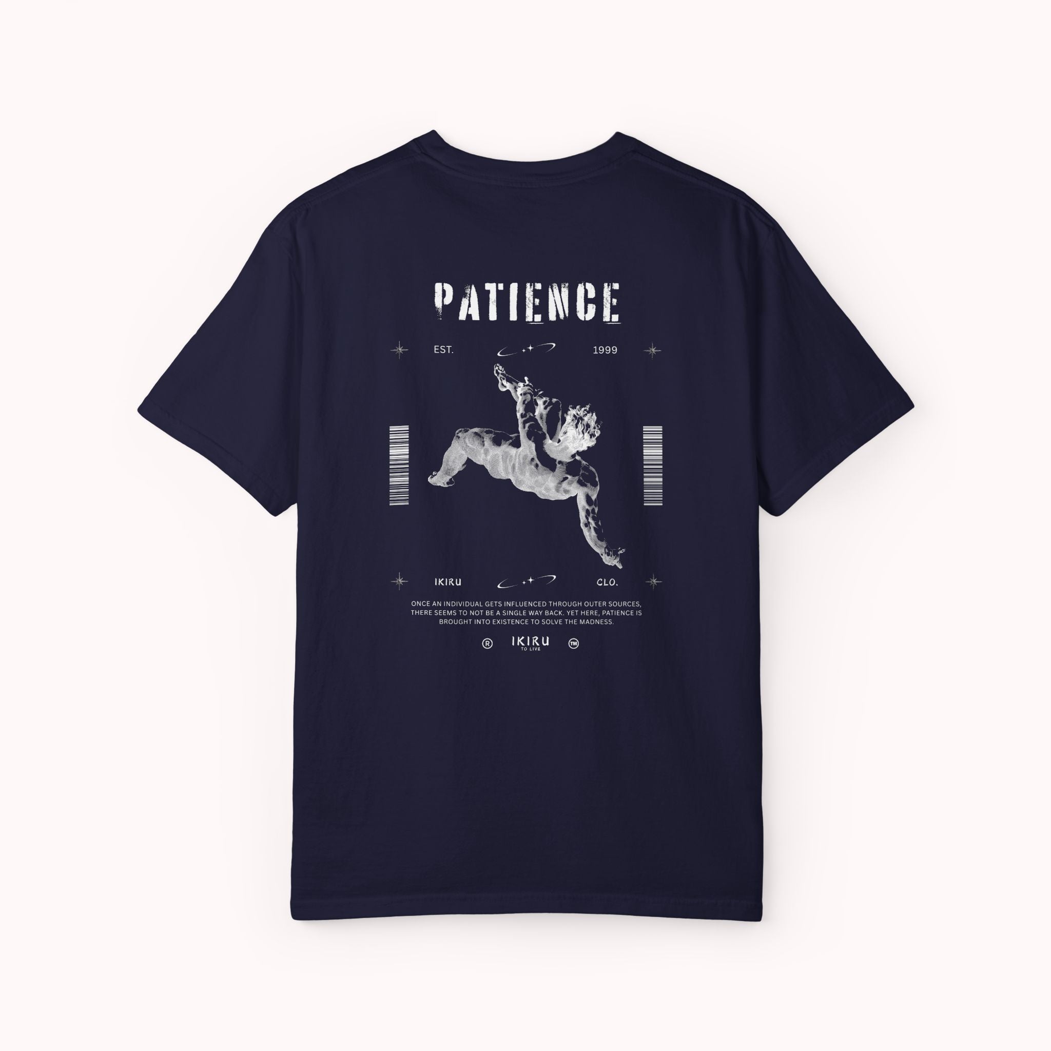 Navy blue t-shirt with white graphic design on a white background