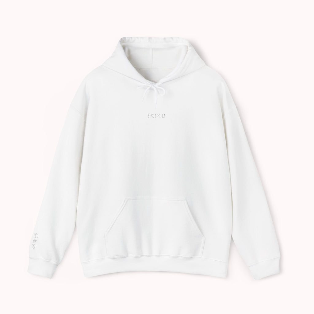 White hoodie with IKIRU logo on a white background