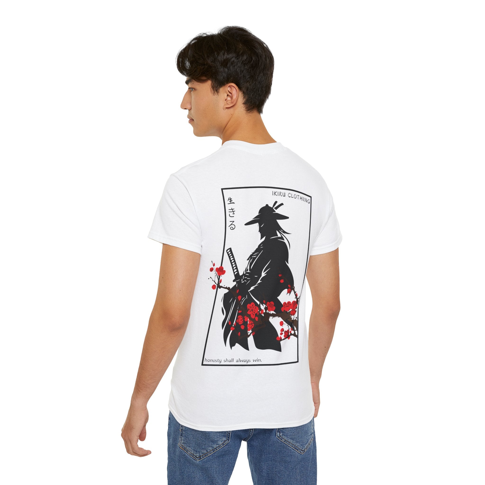 Person wearing a white t-shirt with a japanese samurai and blossom graphic design from 'IKIRU CLOTHING' on a white background