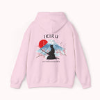 Light pink hoodie with 'IKIRU' and mountain, samurai, and blossom tree design on the back saying 'un-influenceable' against a white background