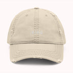Beige cap with a white logo on a white background