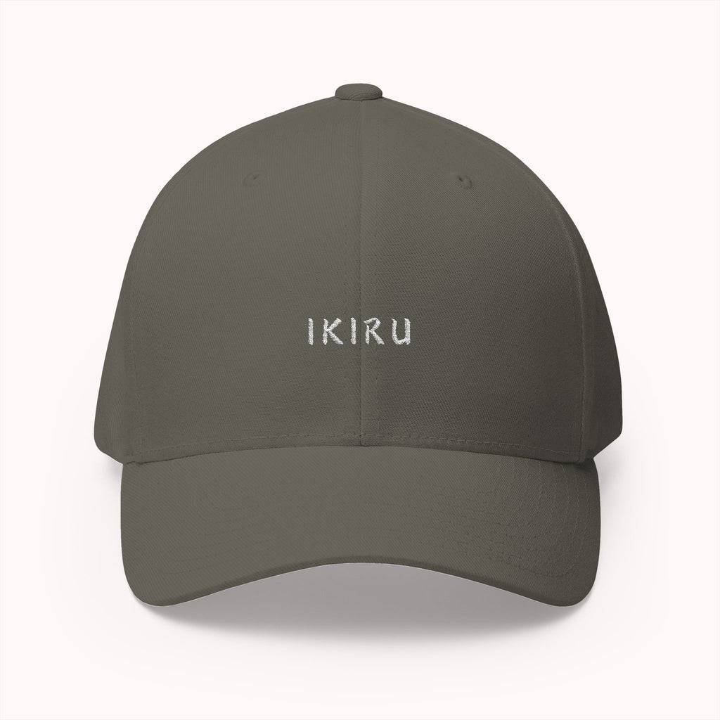 Dark gray cap with an IKIRU design on a white background