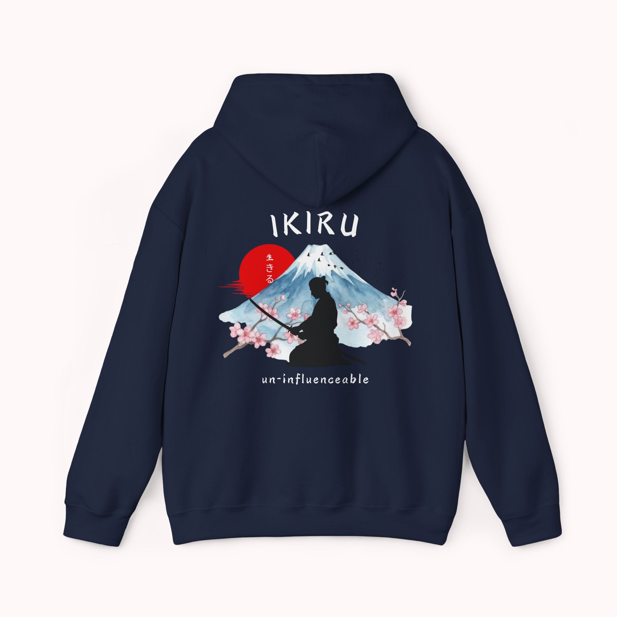 Navy hoodie with 'IKIRU' and mountain, samurai, and blossom tree design on the back saying 'un-influenceable' against a white background