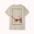 Beige t-shirt with Japanese cherry blossom design from 'IKIRU CLOTHING' on a white background