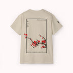 Beige t-shirt with Japanese cherry blossom design from 'IKIRU CLOTHING' on a white background