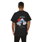Person wearing a black t-shirt with Japanese mountain, samurai, blossom and IKIRU on the back on a white background